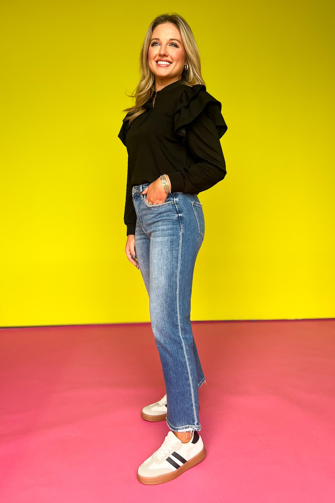 SSYS The Libby Ruffle Shoulder Button Long Sleeve Top In Black *FINAL SALE*