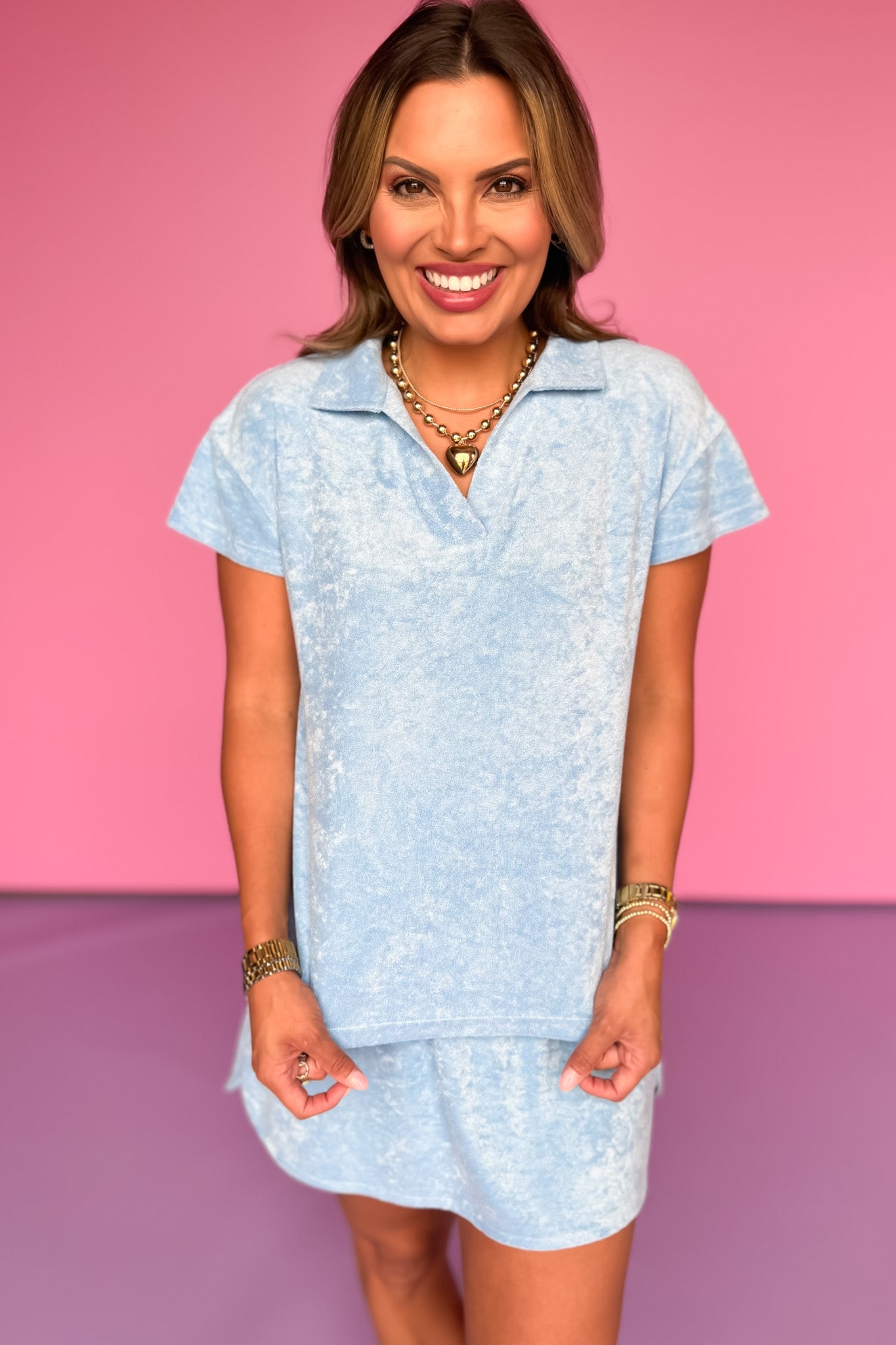 SSYS Terry V Neck Collar Top In Blue *FINAL SALE*