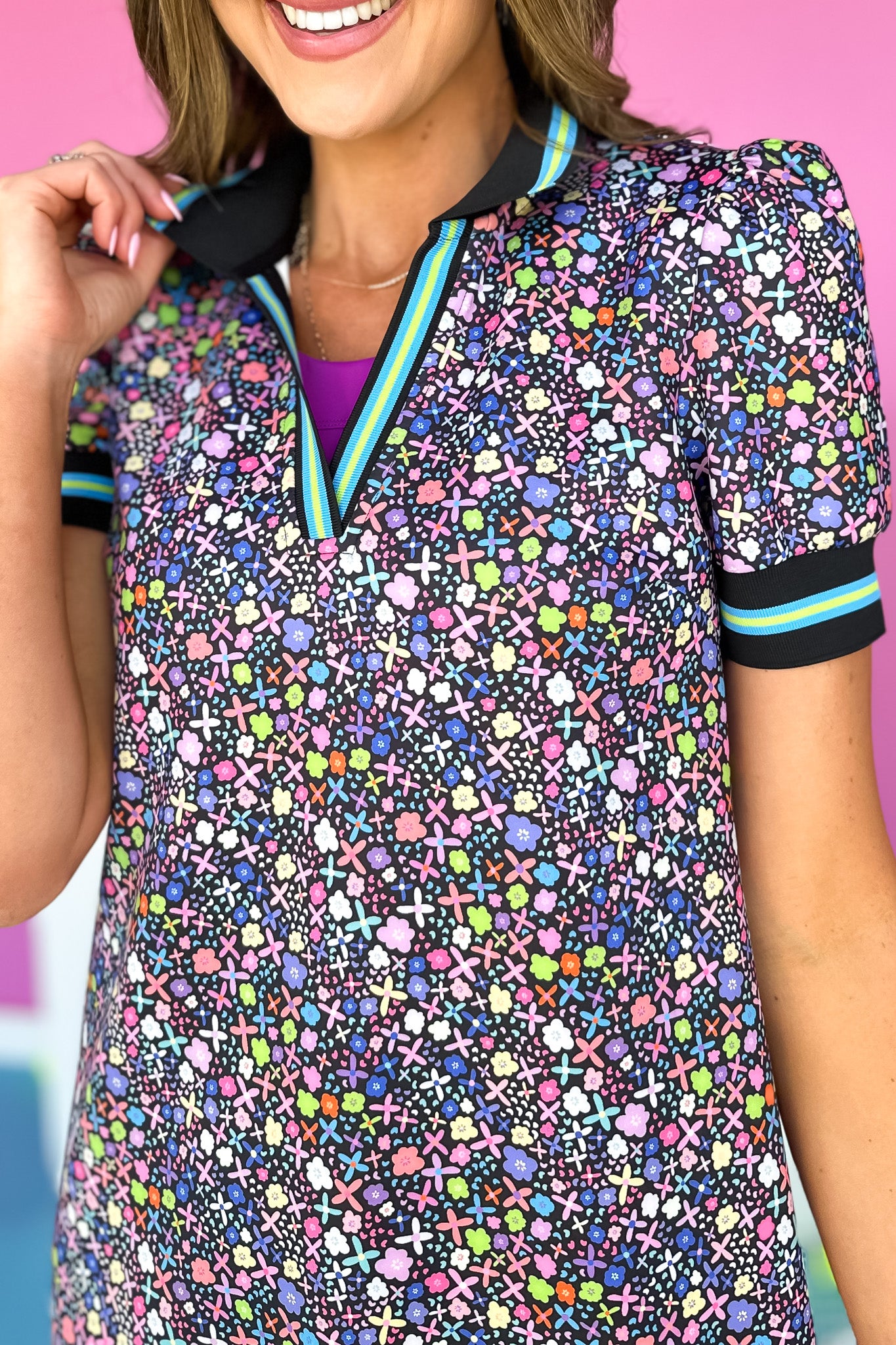 SSYS Navy Ditsy Print Puff Short Sleeve Collared Scuba Dress