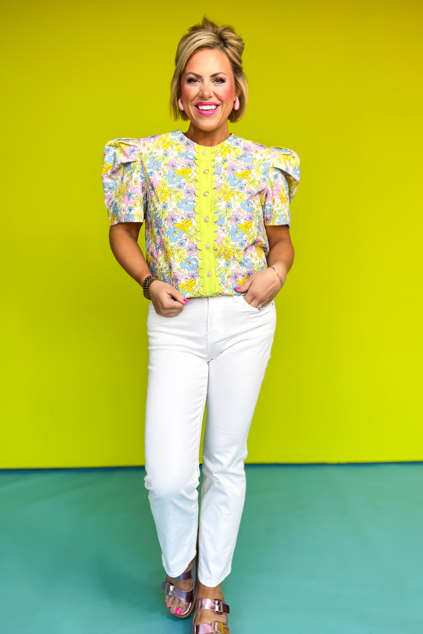 SSYS Everly Scallop Trim Puff Sleeve Top In Lime Floral *FINAL SALE*