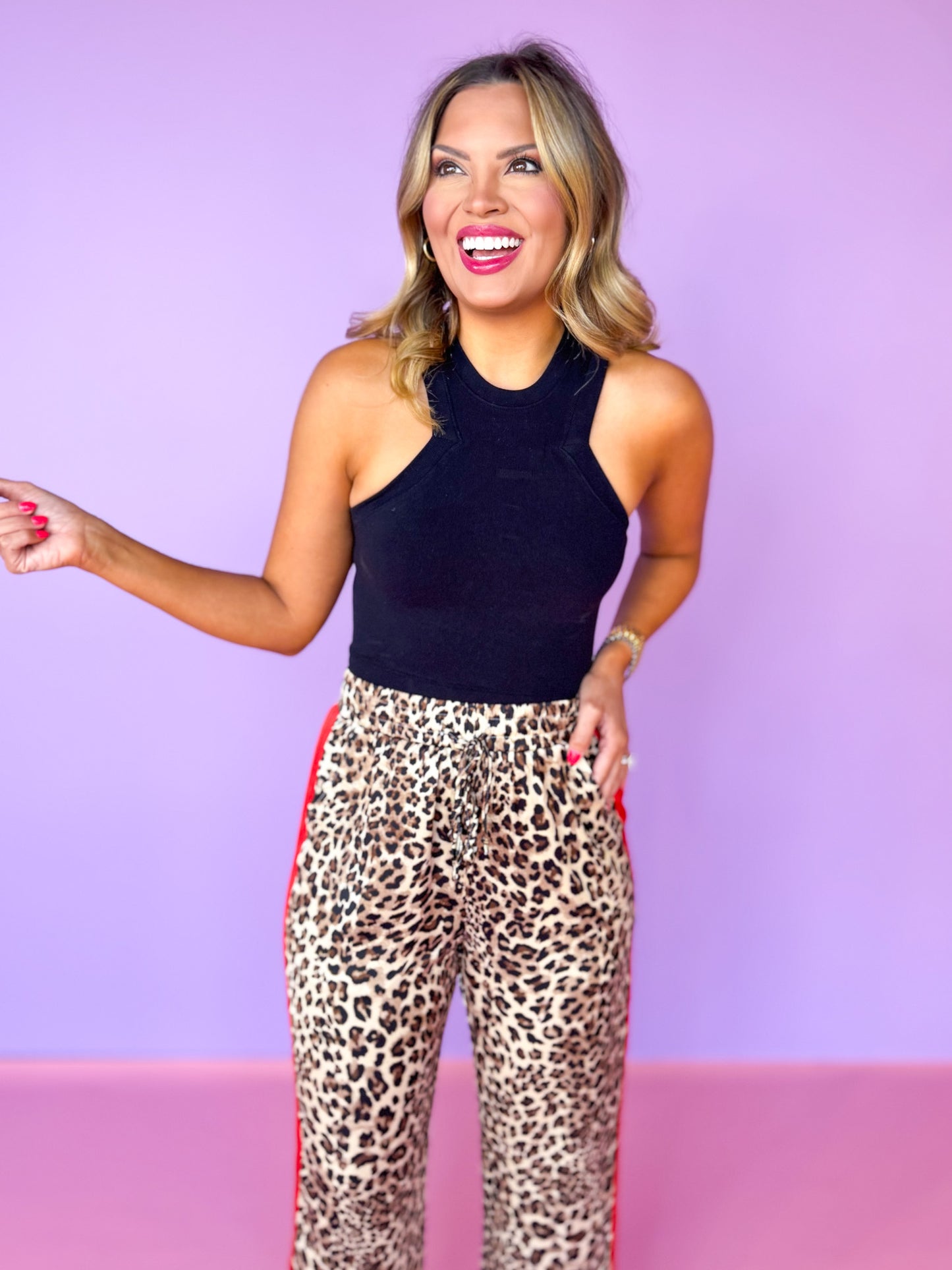 Beige Animal Print Contrast Side Stripe Drawstring Pants, elevated, date night, unique, comfortable, everyday wear, ssys by mallory fitzsimmons