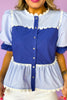 Blue Colorblock Scallop Trim Detail Short Puff Sleeve Top, button details, light blue and dark blue pattern with white scallop trim, work top, church top, ssys by mallory fitzsimmons