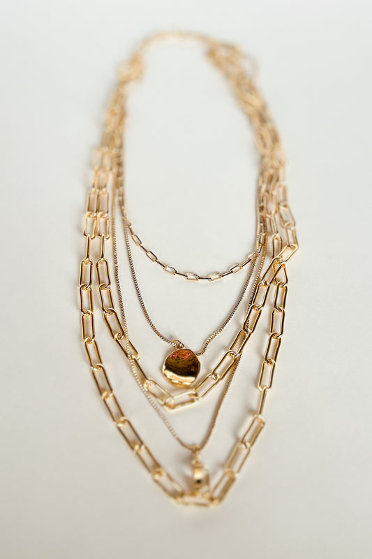 Gold Multi Chain Crystal Circle Pendant Necklace, layered trend necklace, everyday necklace, elevated layers, fall trend, chunky gold necklace, funky necklace, everyday wear, ssys by mallory itzsimmons