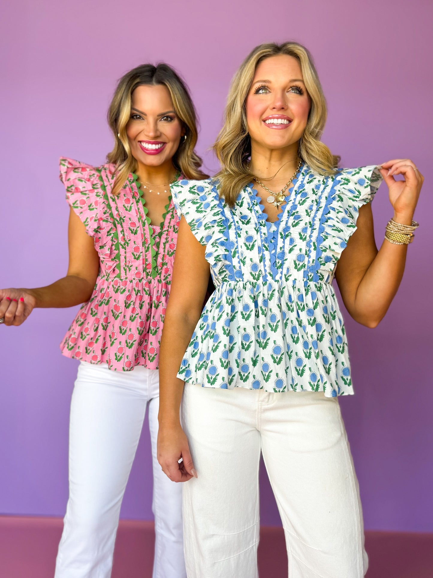 Pink Floral Print Scallop Trim Insert Flutter Sleeve Top