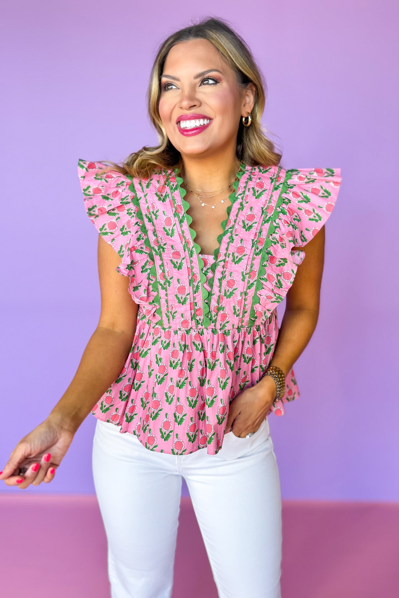 Pink Floral Print Scallop Trim Insert Flutter Sleeve Top, ssys by mallory fitzsimmons
