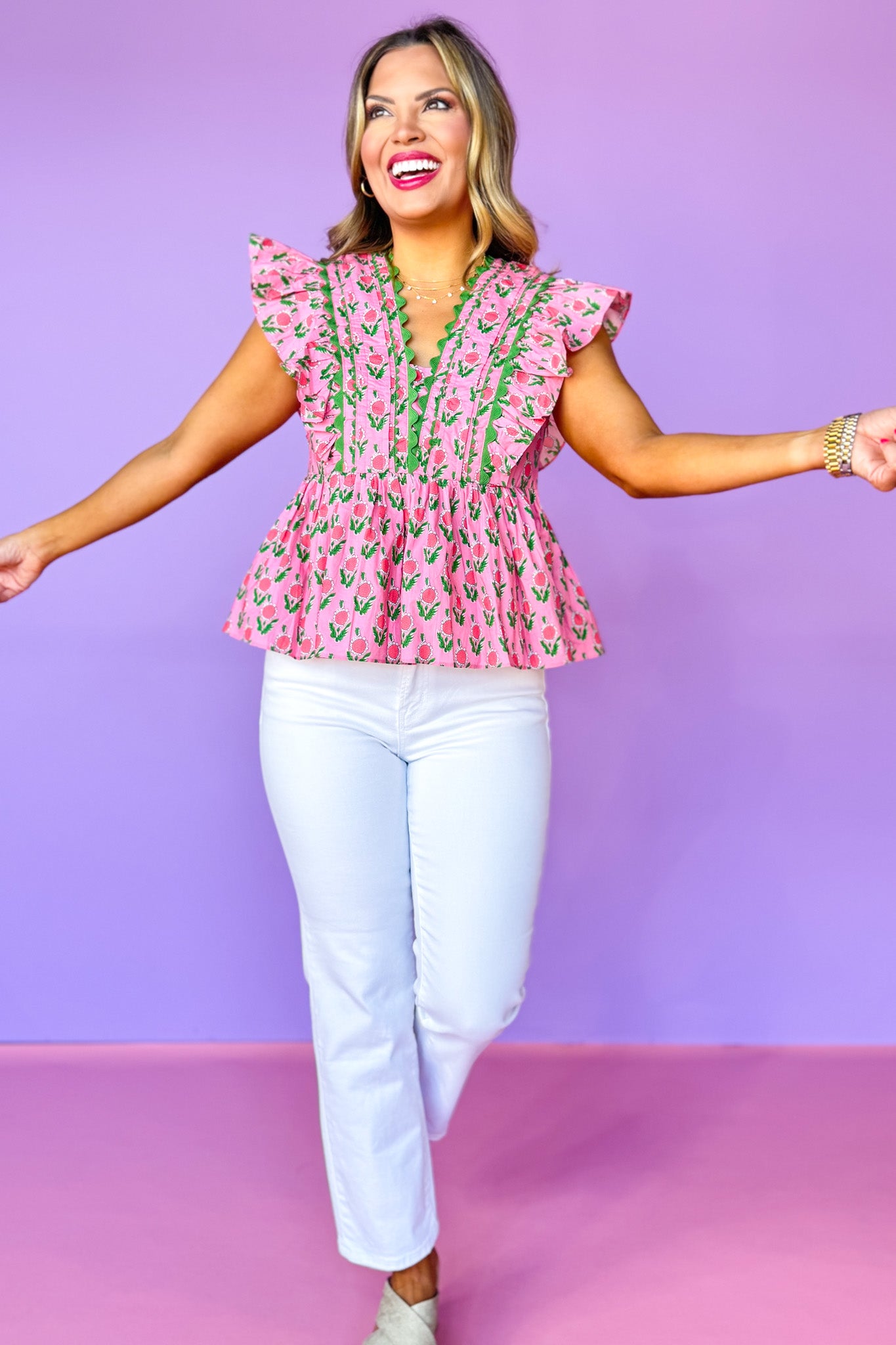 Pink Floral Print Scallop Trim Insert Flutter Sleeve Top, ssys by mallory fitzsimmons