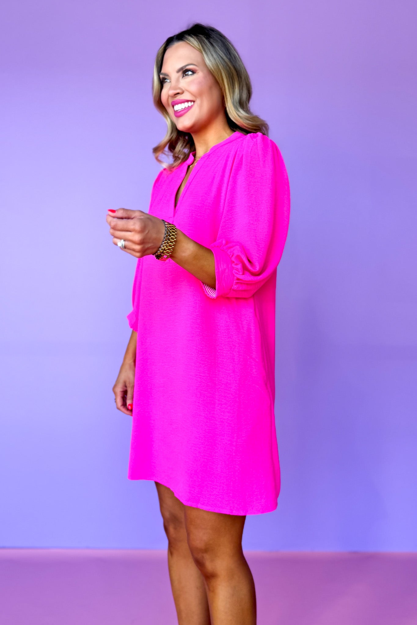 Hot Pink Split U Neck Three Quarter Peasant Sleeve Dress, ssys by mallory fitzsimmons