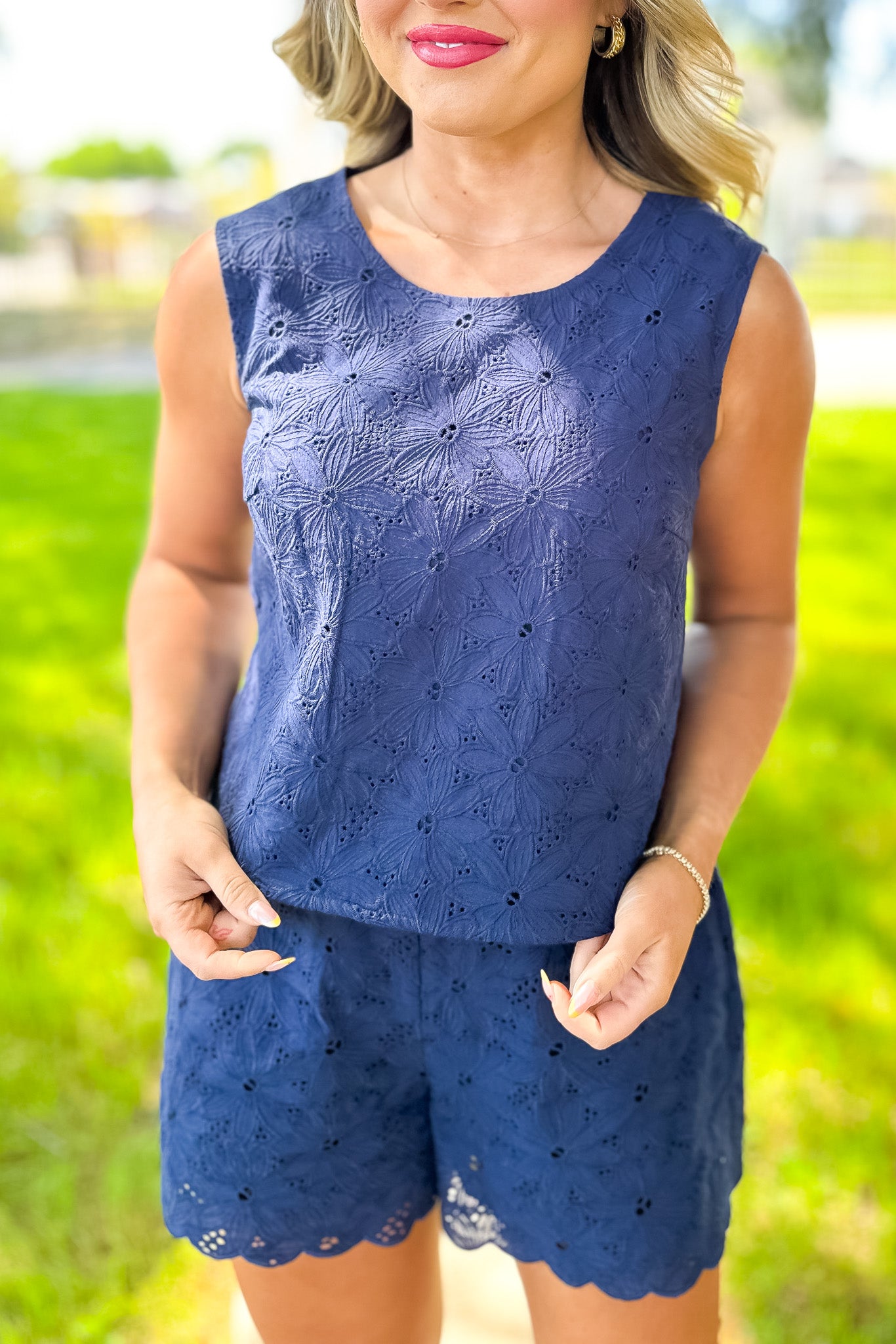 SSYS Allison Lace Scallop Shorts Button Back Tank Set In Navy, easy set, new arrivals, ssys design, elevated piece, ssys by mallory fitzsimmons