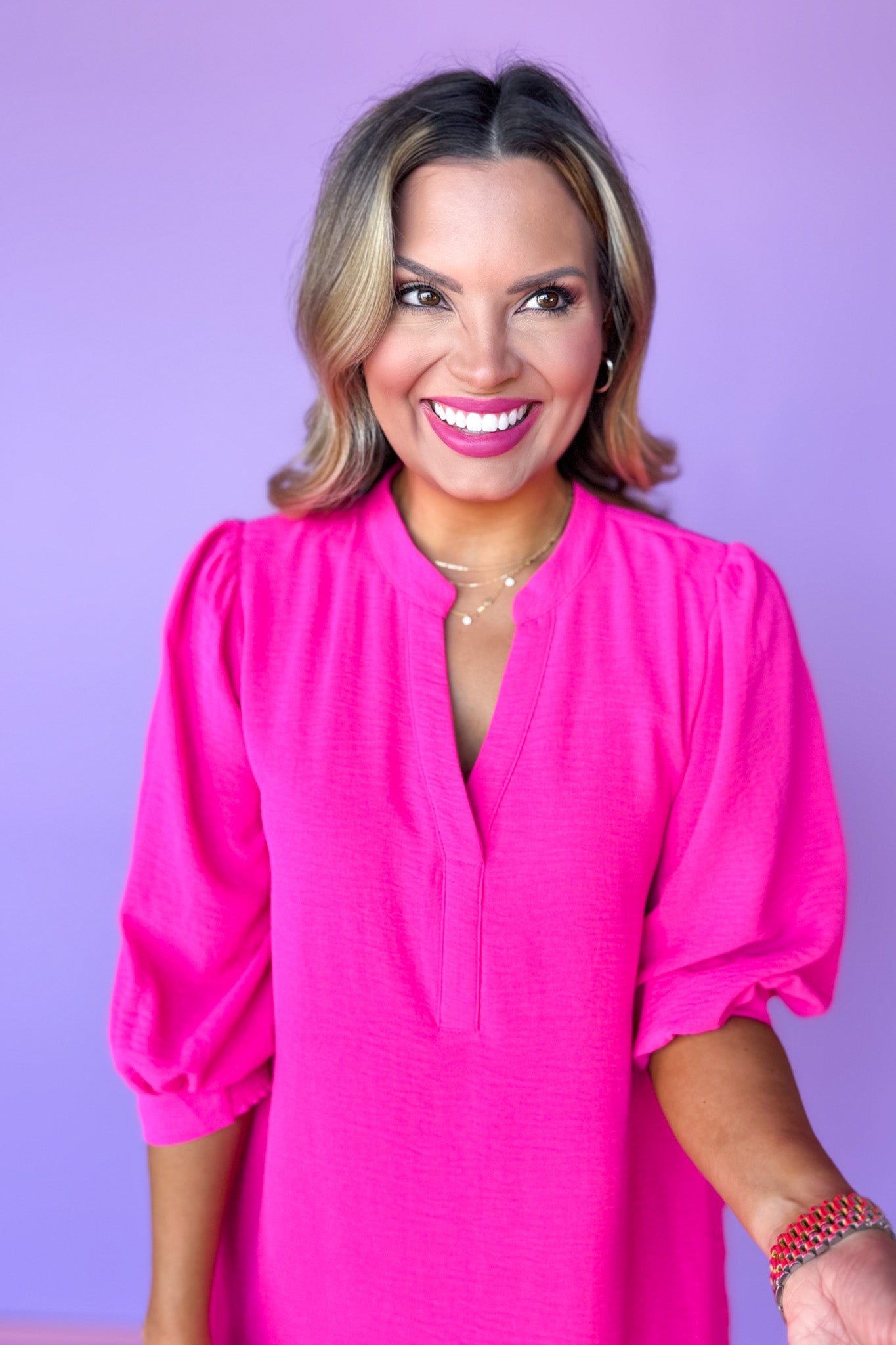 Hot Pink Split U Neck Three Quarter Peasant Sleeve Dress, ssys by mallory fitzsimmons
