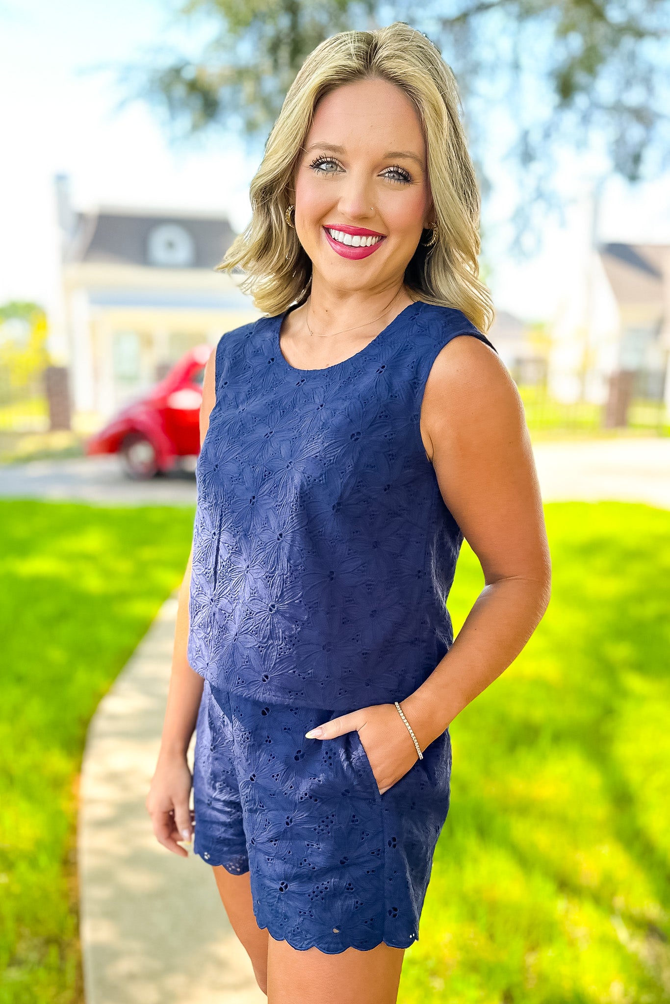 SSYS Allison Lace Scallop Shorts Button Back Tank Set In Navy, easy set, new arrivals, ssys design, elevated piece, ssys by mallory fitzsimmons