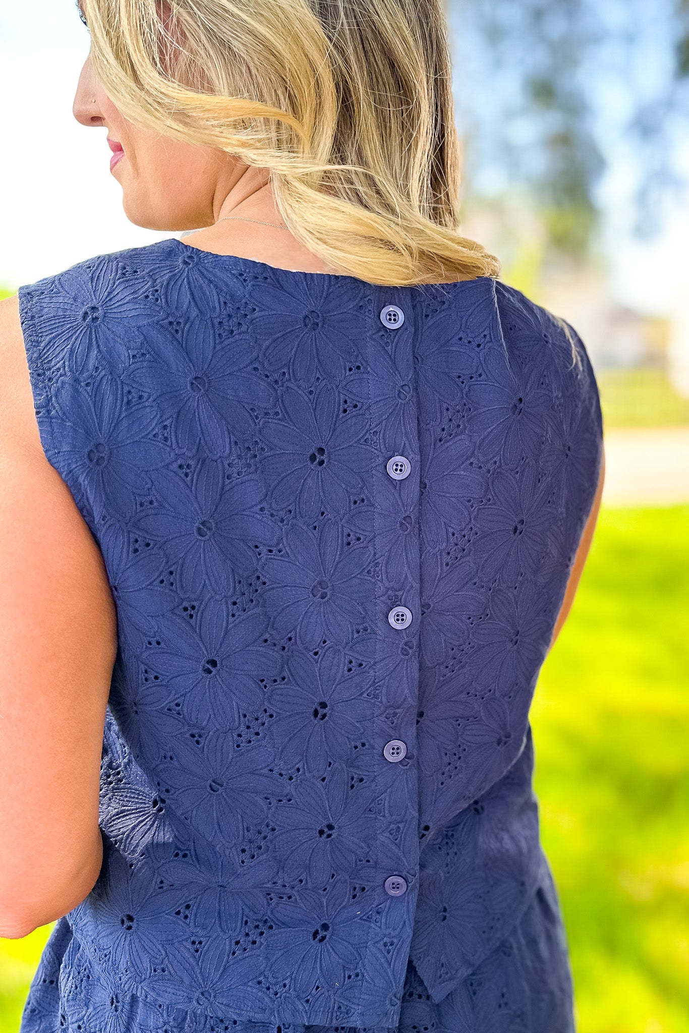 SSYS Allison Lace Scallop Shorts Button Back Tank Set In Navy, easy set, new arrivals, ssys design, elevated piece, ssys by mallory fitzsimmons