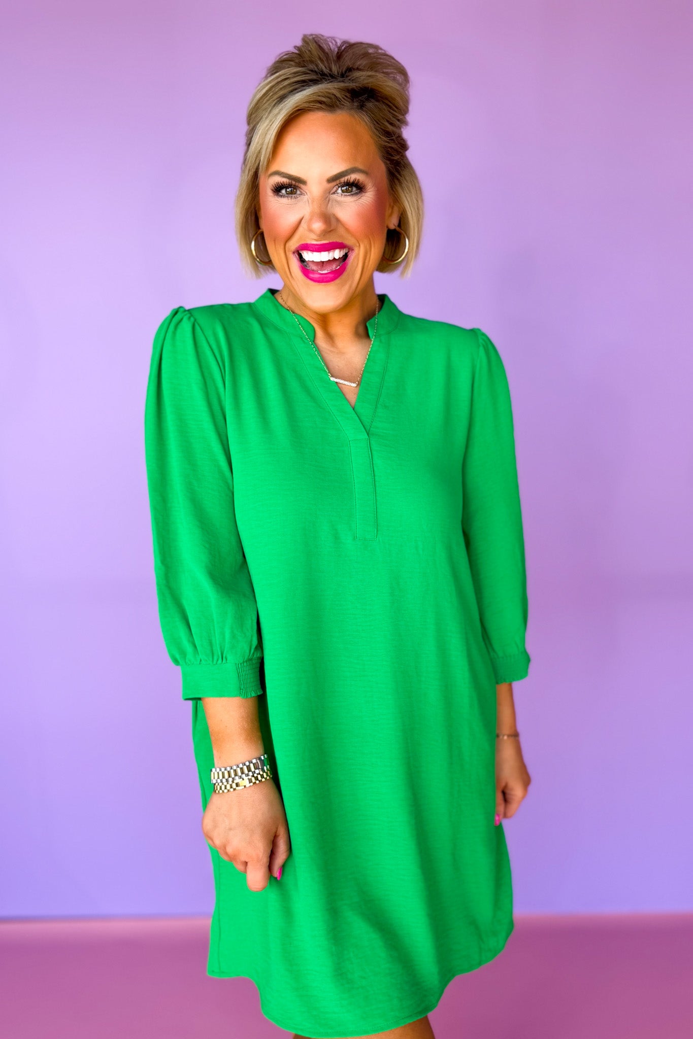 Kelly Green Split U Neck Three Quarter Peasant Sleeve Dress, ssys by mallory fitzsimmons