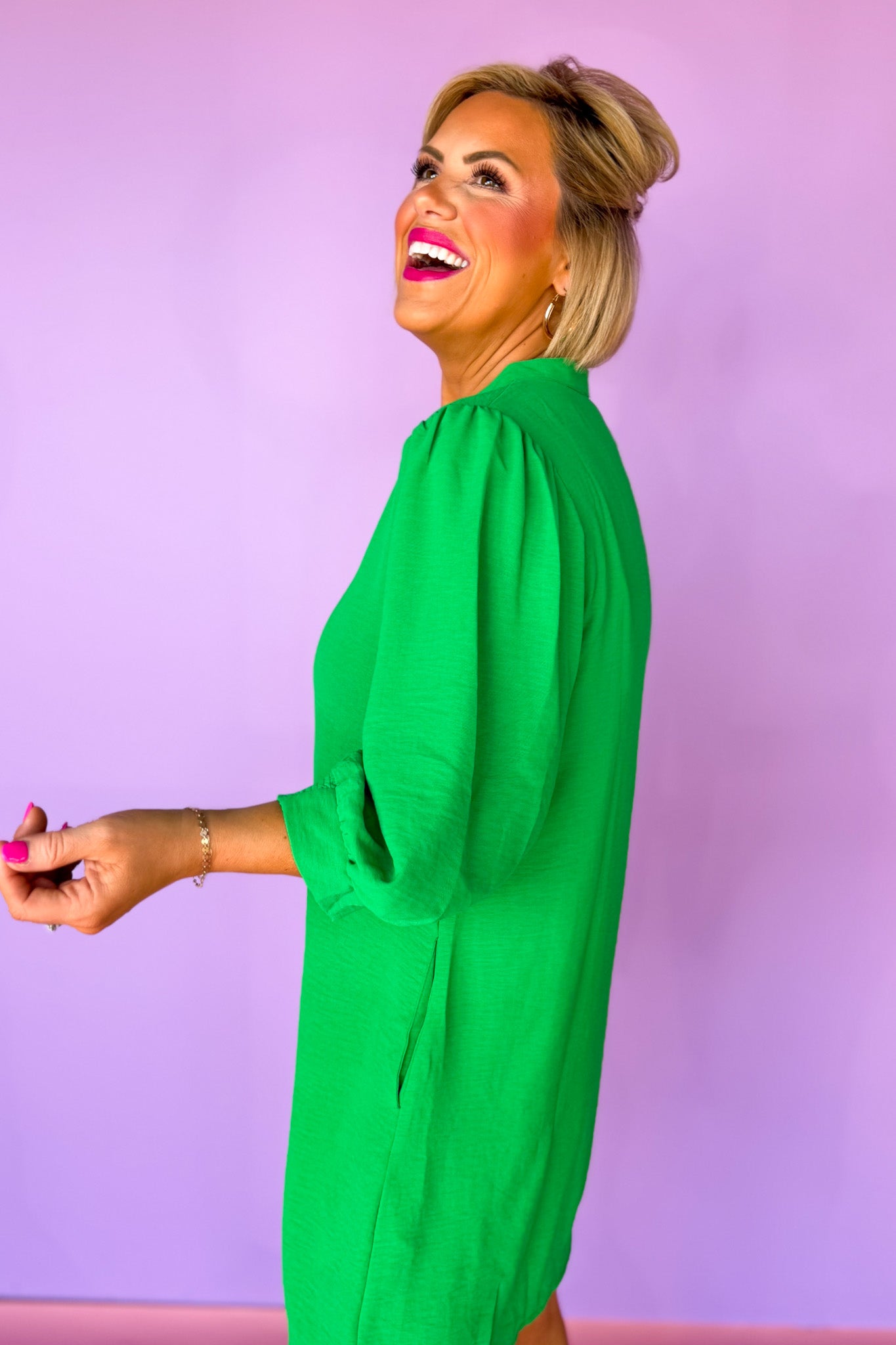 Kelly Green Split U Neck Three Quarter Peasant Sleeve Dress, ssys by mallory fitzsimmons