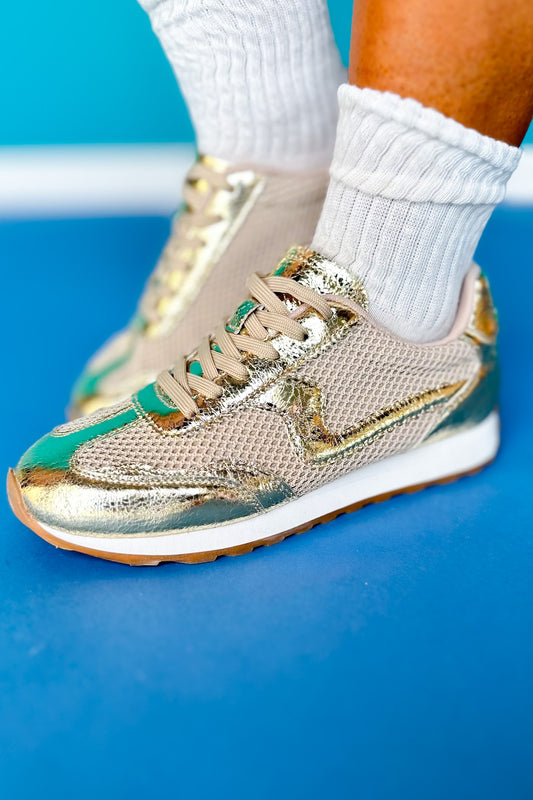 Gold Metallic Trim Mesh Detail Sneakers