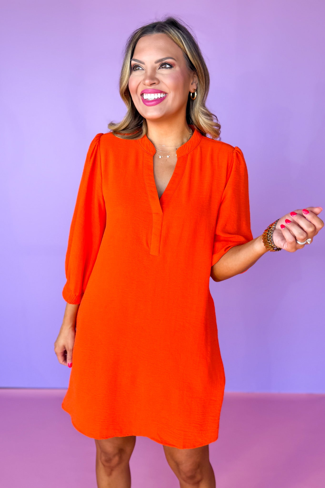 Orange Split U Neck Three Quarter Peasant Sleeve Dress, ssys by mallory fitzsimmons