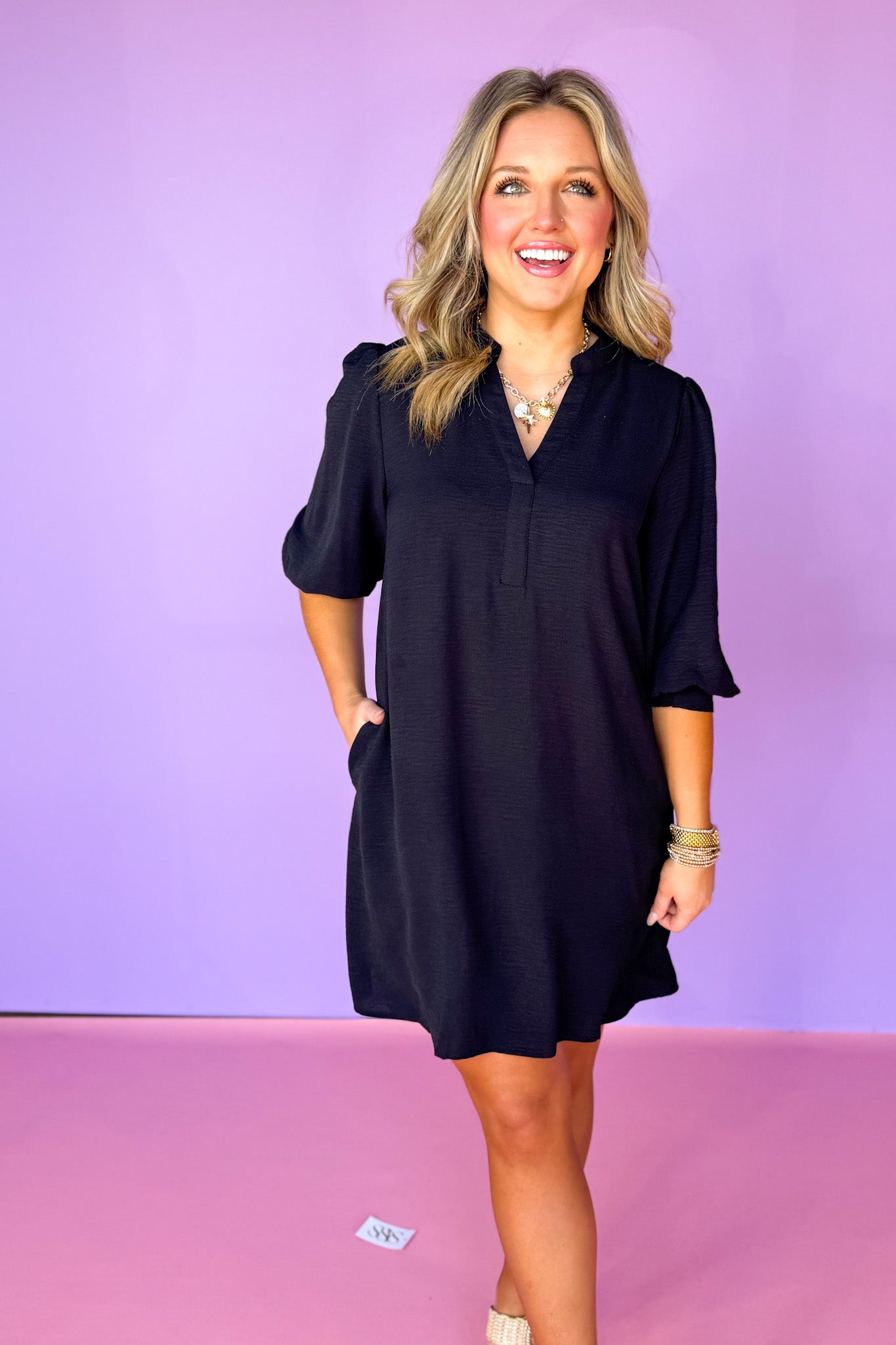 Black Split U Neck Three Quarter Peasant Sleeve Dress, ssys by mallory fitzsimmons
