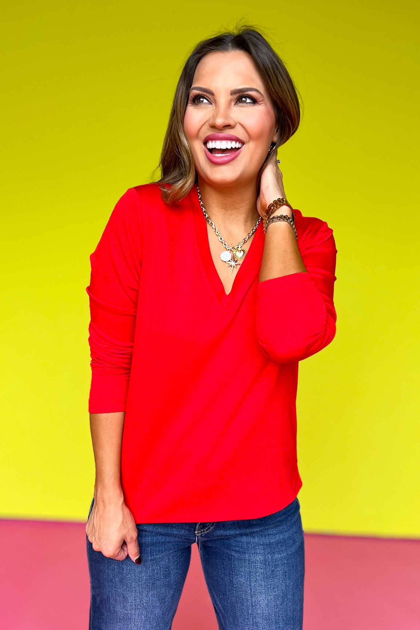 SSYS Signature Double Lined V Neck Lightweight Air Long Sleeve Tee Shirt In Red *FINAL SALE*