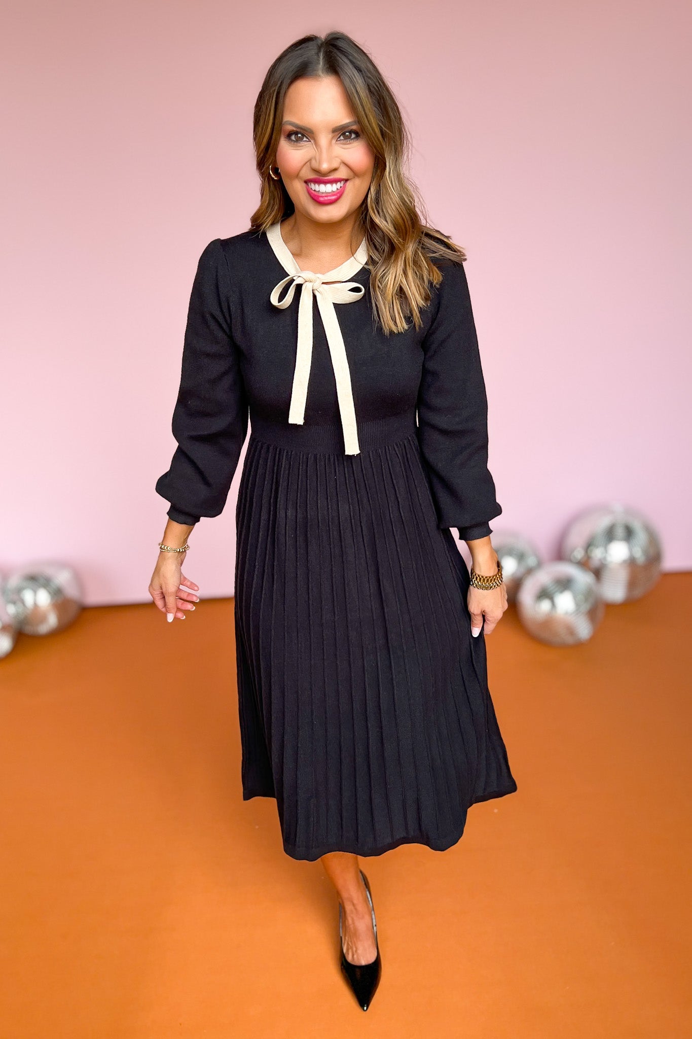 Black Knit Contrast Ribbon Neckline Midi Dress, fall dress, holiday dress, family picture dress, fall dress inspo, midi dress, knit dress, elevated style, chic style, cozy dress, SSYS by mallory Fitzsimmons