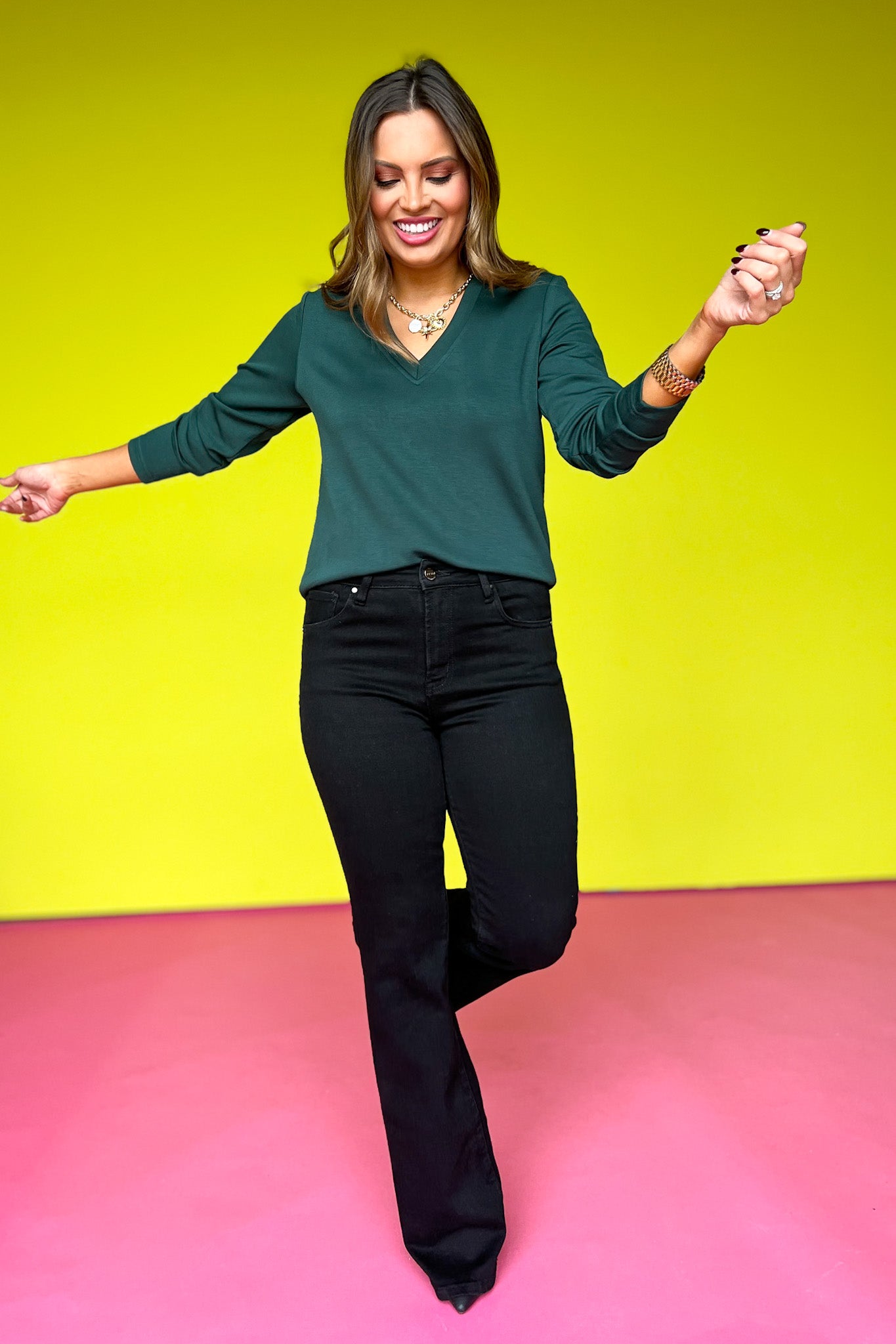 SSYS Signature Double Lined V Neck Lightweight Air Long Sleeve Tee Shirt In Hunter *FINAL SALE*