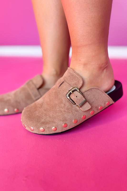 Tan Stud Detail Buckle Clogs