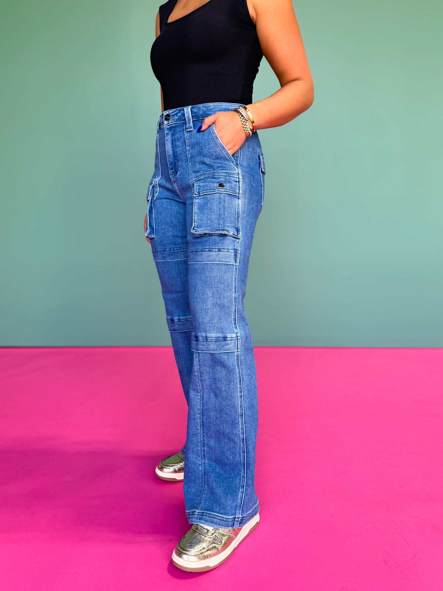 Risen Medium High Rise Straight Cargo Jeans