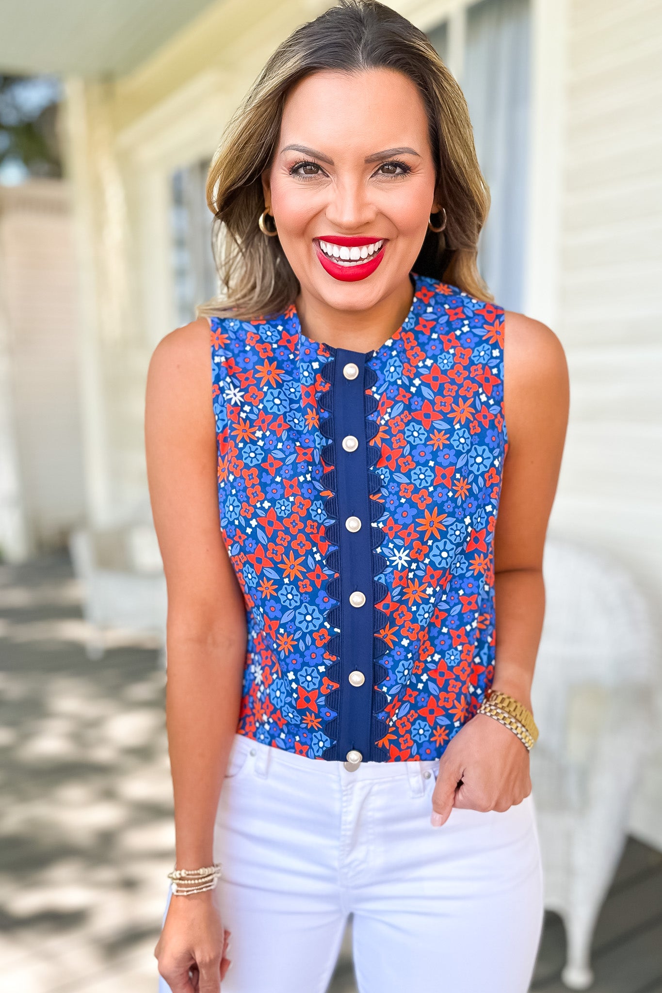 SSYS Sleeveless Everly Scallop Trim Top In Royal Ditsy Floral, ssys exclusive, new arrivals, fun print, americana vibes, red white and blue, ssys by mallory fitzsimmons