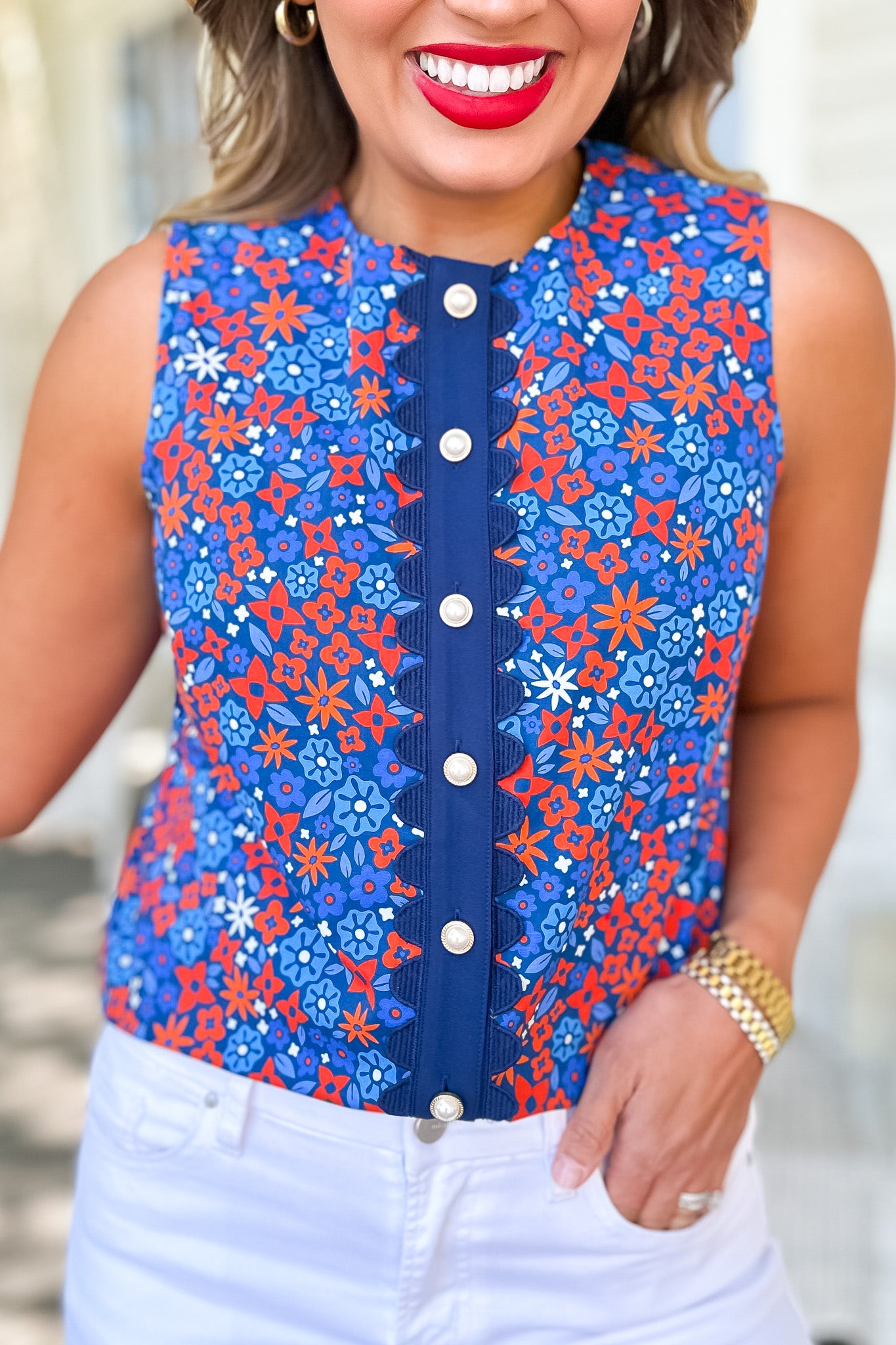 SSYS Sleeveless Everly Scallop Trim Top In Royal Ditsy Floral, ssys exclusive, new arrivals, fun print, americana vibes, red white and blue, ssys by mallory fitzsimmons