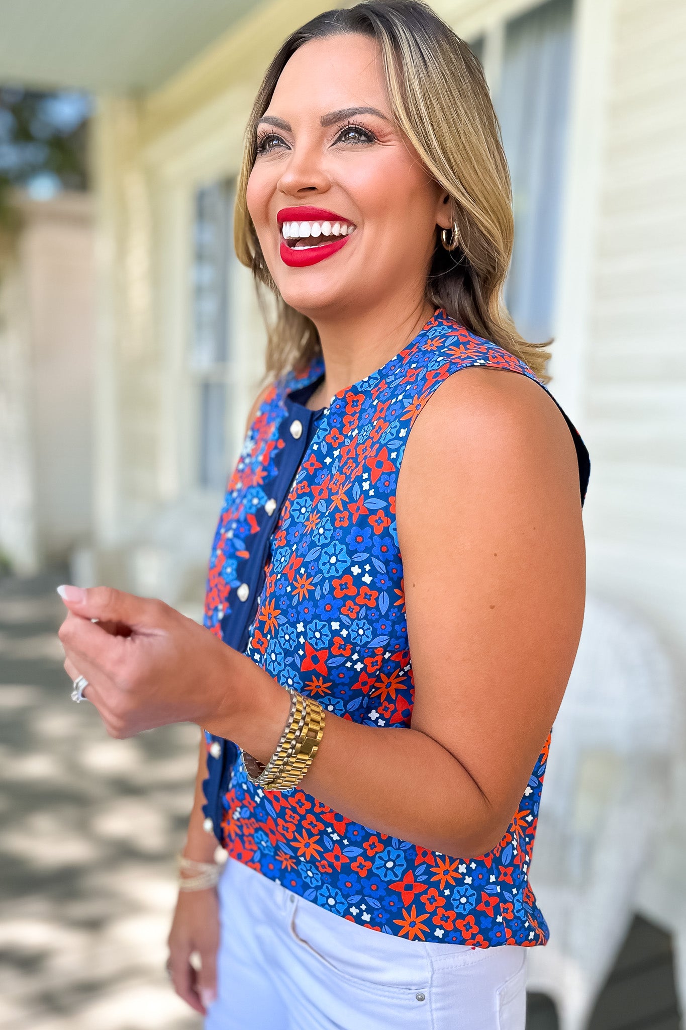 SSYS Sleeveless Everly Scallop Trim Top In Royal Ditsy Floral, ssys exclusive, new arrivals, fun print, americana vibes, red white and blue, ssys by mallory fitzsimmons