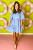 SSYS Eliza Bell Sleeve Dress In Cornflower Blue Lattice, geometric pattern, flowy, spring dress, exclusive design, ssys by mallory fitzsimmons