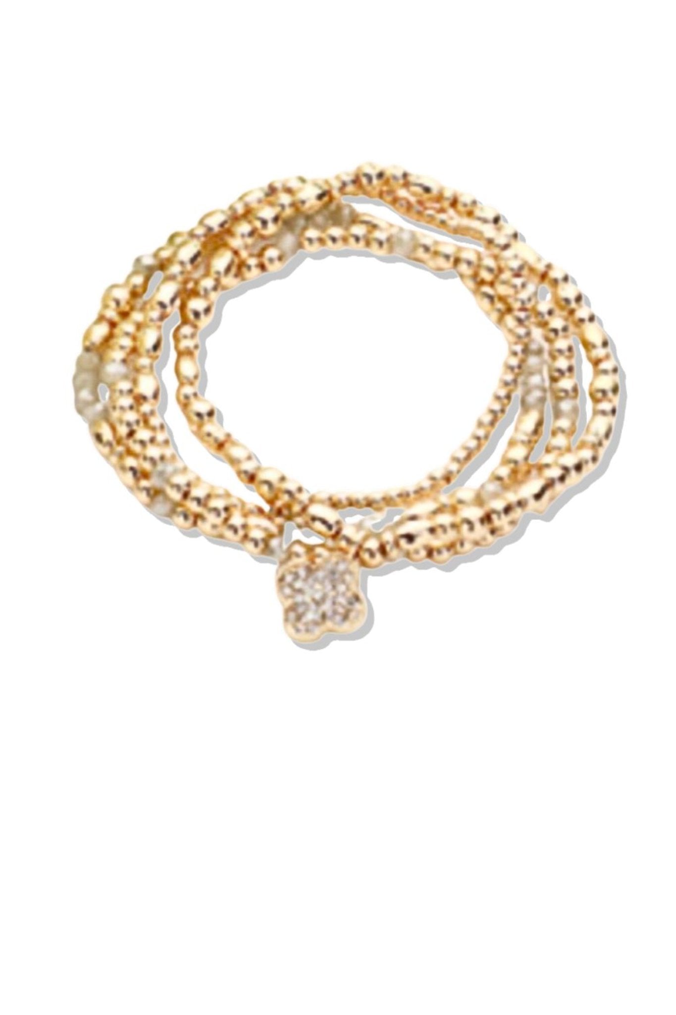 Gold Stone Paved Quatrefoil Bead Bracelet Stack