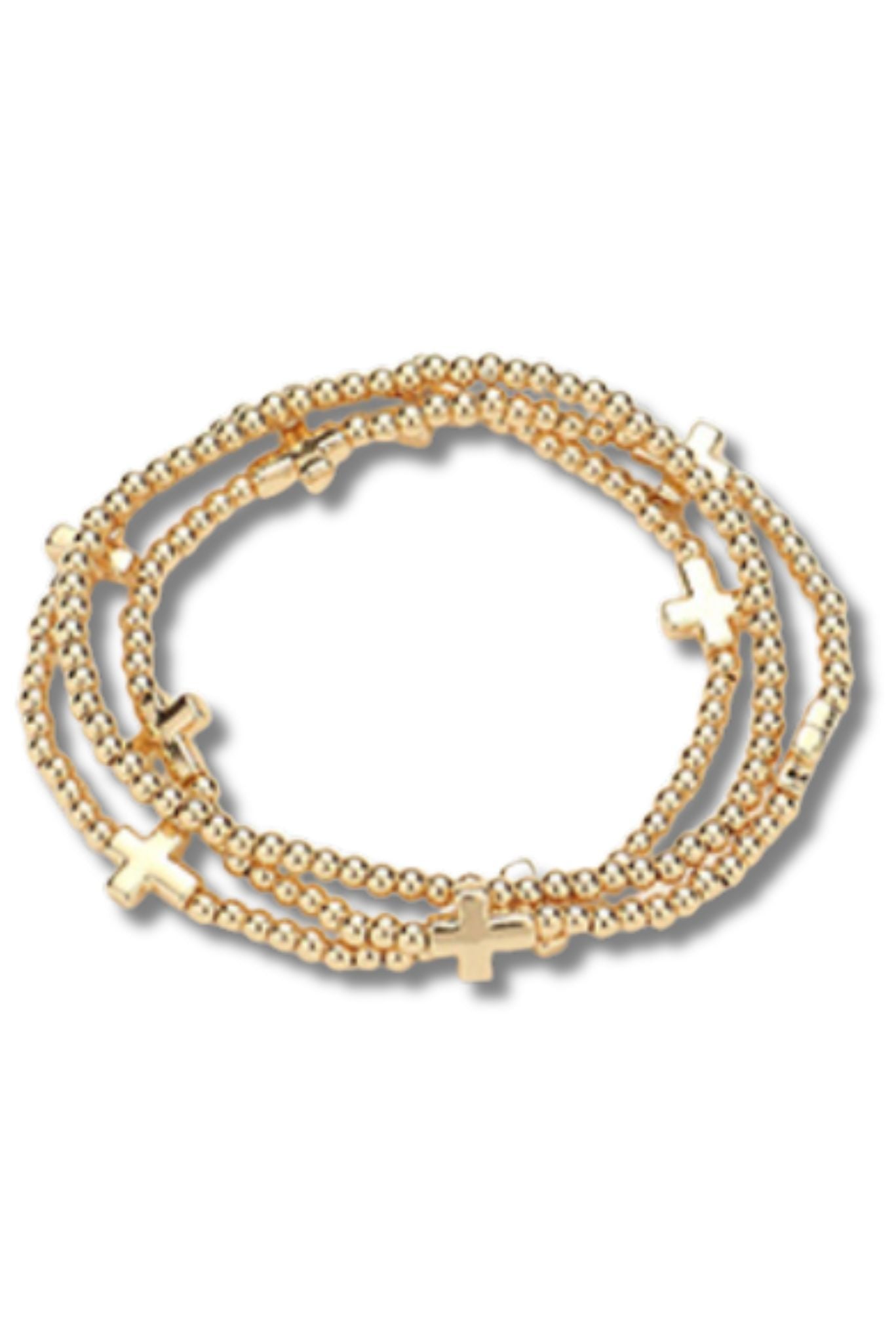 Gold Metal Cross Ball Beaded Stretch Bracelet Set