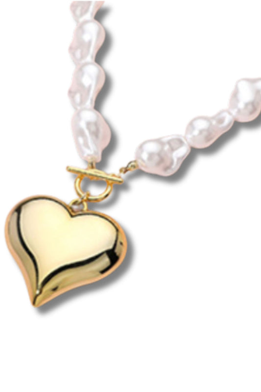 Gold Puffy Heart Pendant Pearl Toggle Necklace