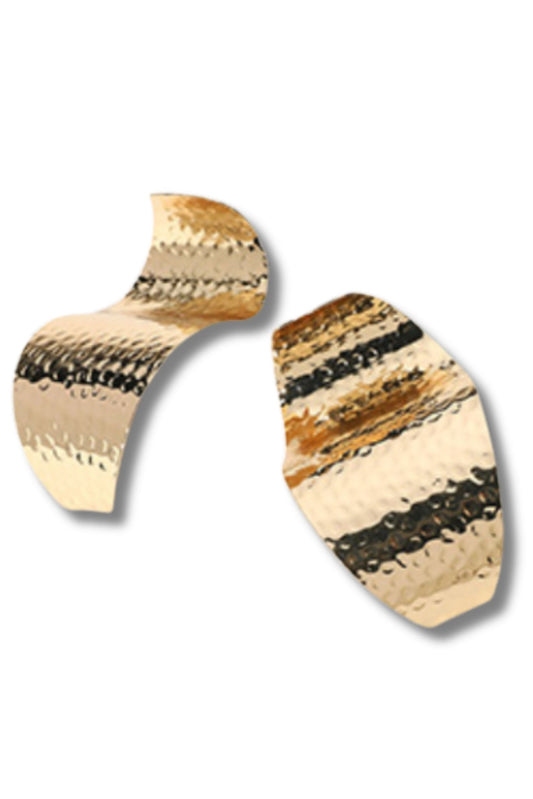 Gold Textured Metal Wavy Oval Plate Earrings