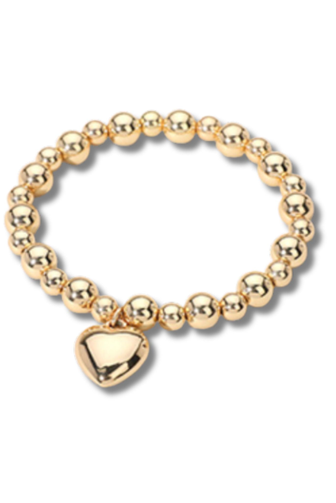 Gold Heart Charm Ball Beaded Stretch Bracelet
