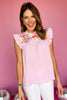 Pink Gingham Embroidered Frilled Neck Ruffle Sleeve Top, top, pink gingham top, gingham top, embroidered top, ruffle sleeve top, must have top, elevated top, elevated style, summer top, summer style, Shop Style Your Senses by Mallory Fitzsimmons, SSYS by Mallory Fitzsimmons