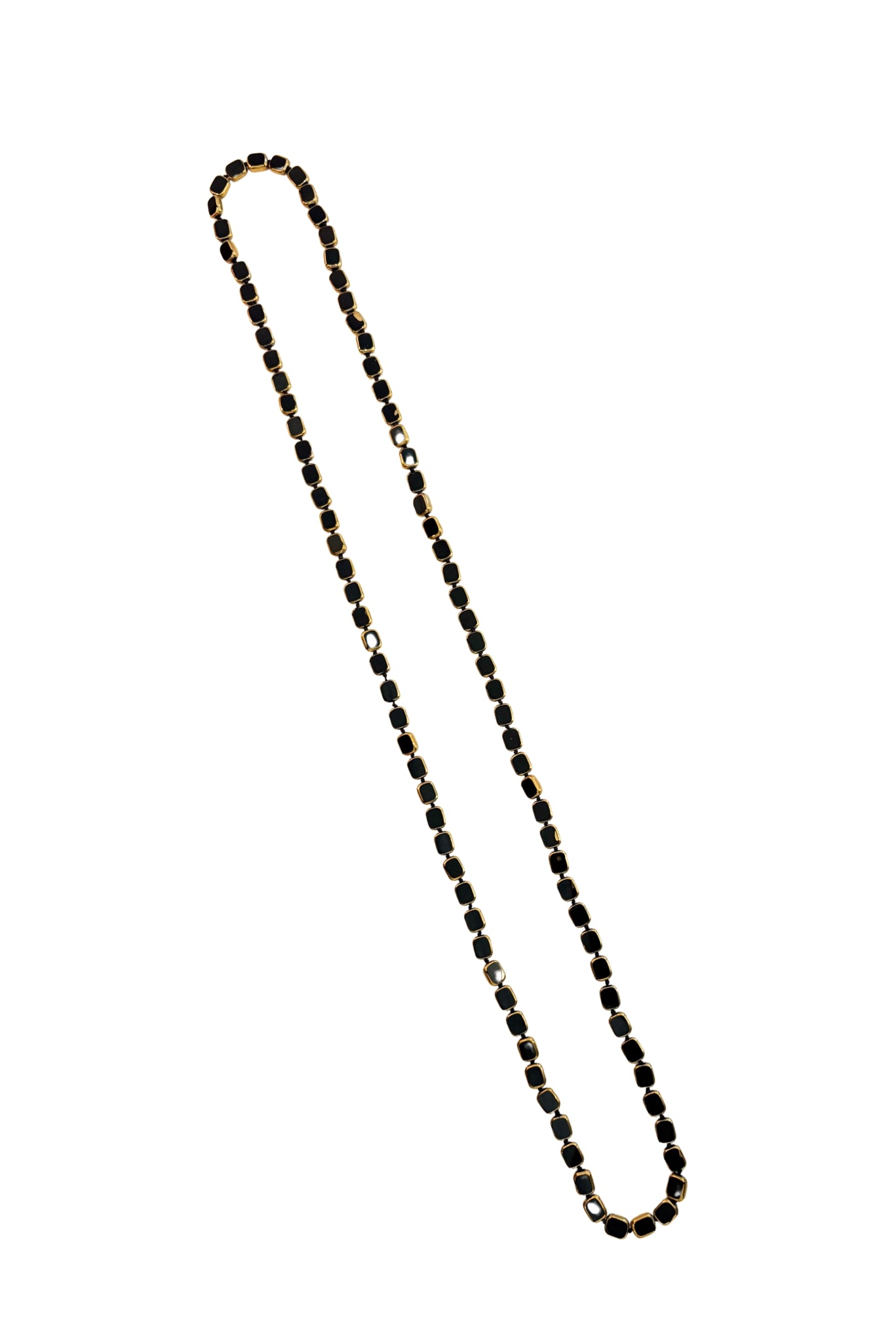 Black and Gold Flat Glass Long Beaded Necklace