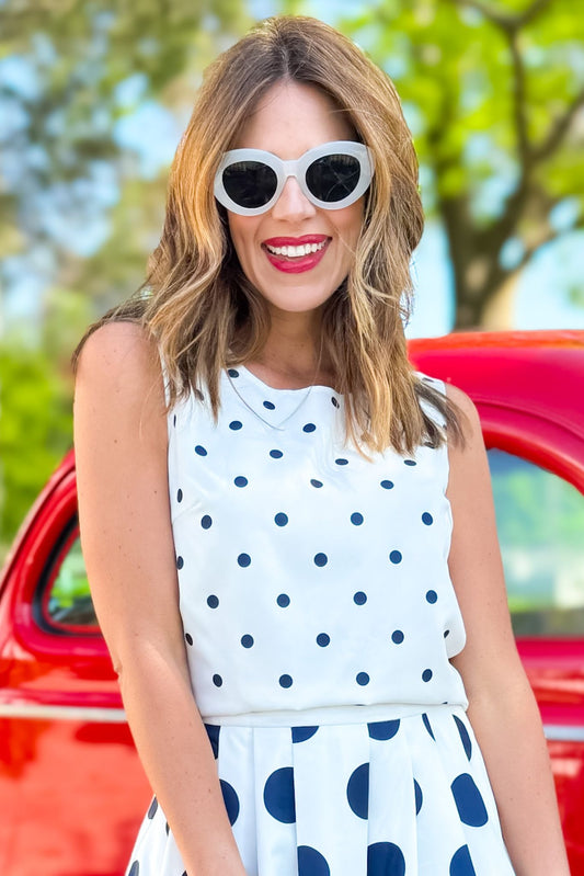 SSYS Matilda Polka Dot Top In White Navy, ssys top, elevated style, new design, cute set, easy to wear, summer essentials, ssys by mallory fitzsimmons