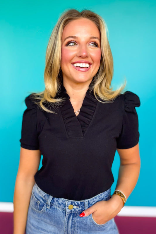 SSYS Violet Ruffle Collar Top In Black