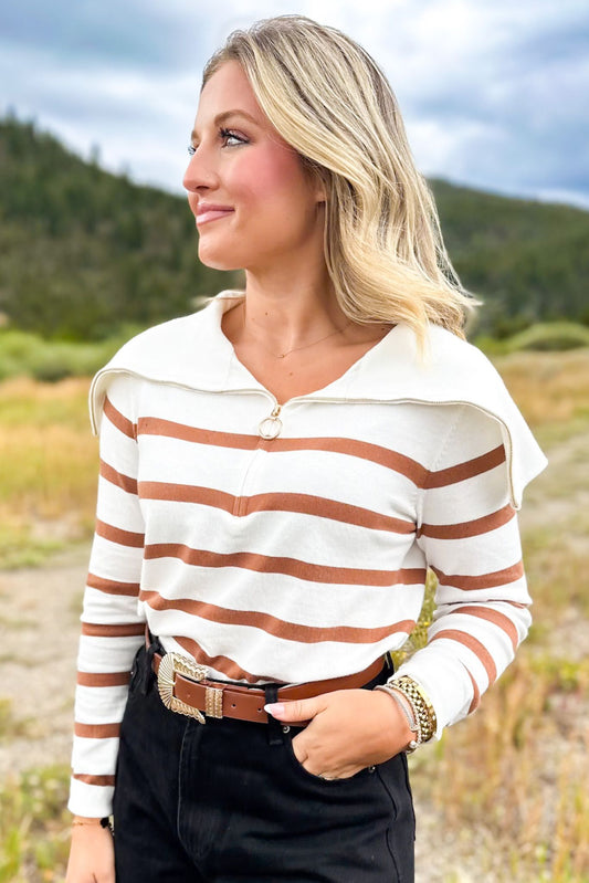 SSYS Alex Stripe Zip Long Sleeve Top In Ivory Taupe