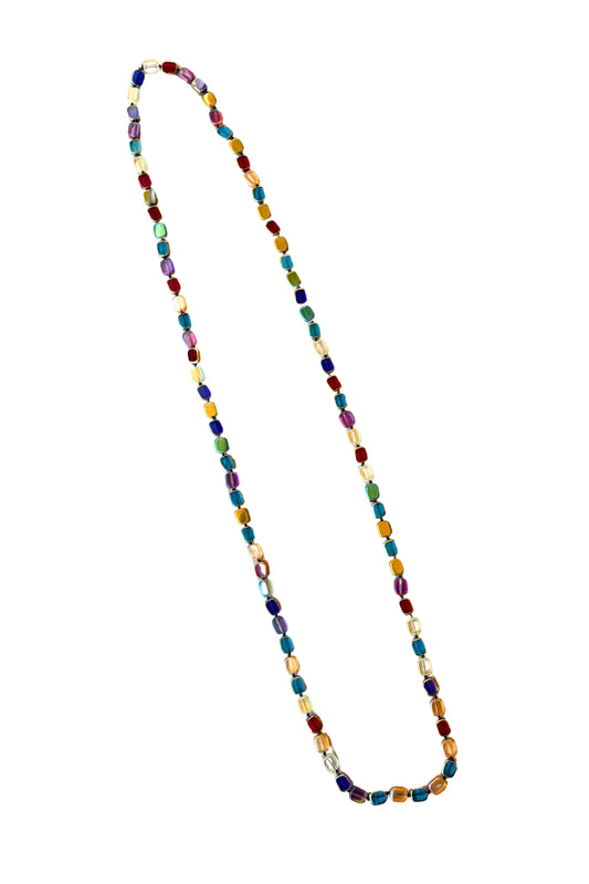 Multi Colored Flat Glass Long Beaded Necklace
