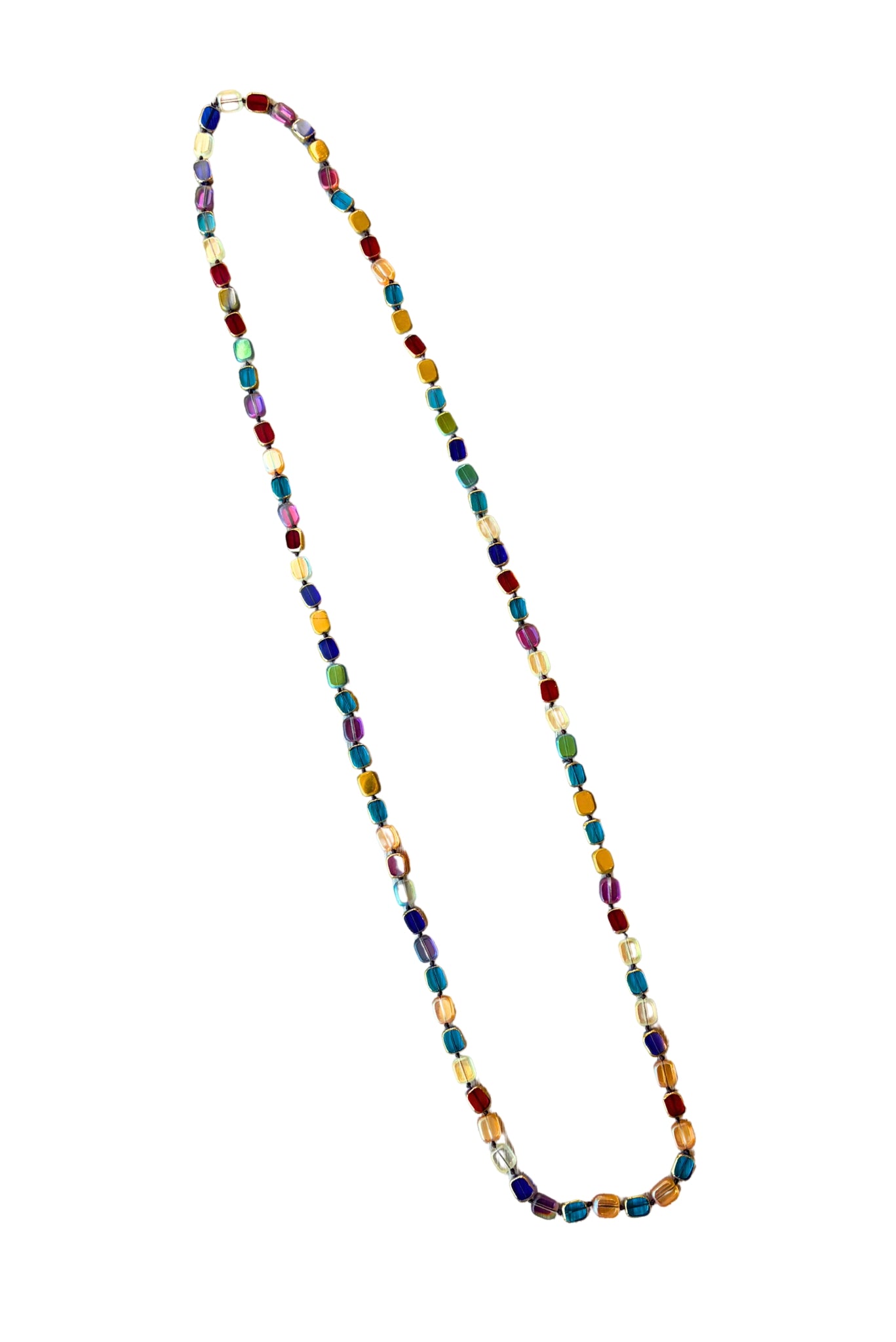 Multi Colored Flat Glass Long Beaded Necklace