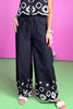 Black Elastic Tie Waist Wide Leg Scallop Embroidered Hem Border Pants, cut out design, ssys by mallory fitzsimmons