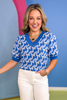 Blue Geometric Print V Neck Puff Sleeve Top *FINAL SALE*