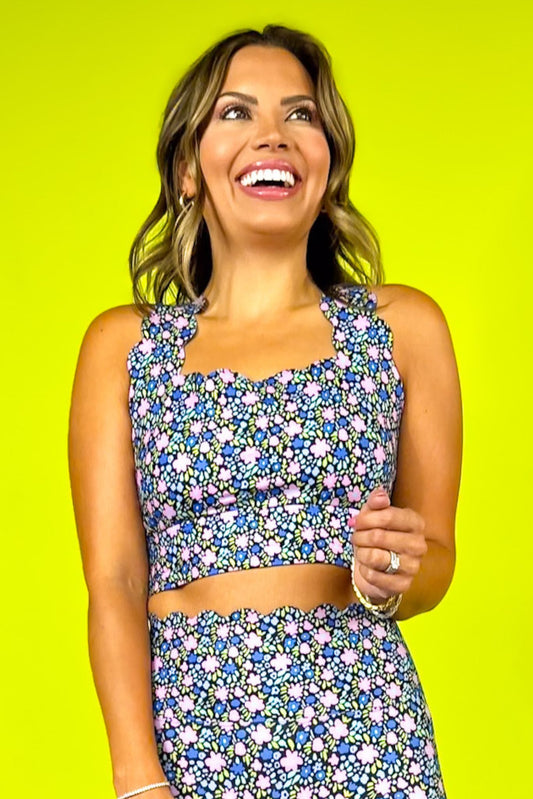 SSYS Royal Pink Ditsy Floral Longline Scallop Cross Back Sports Bra *FINAL SALE*