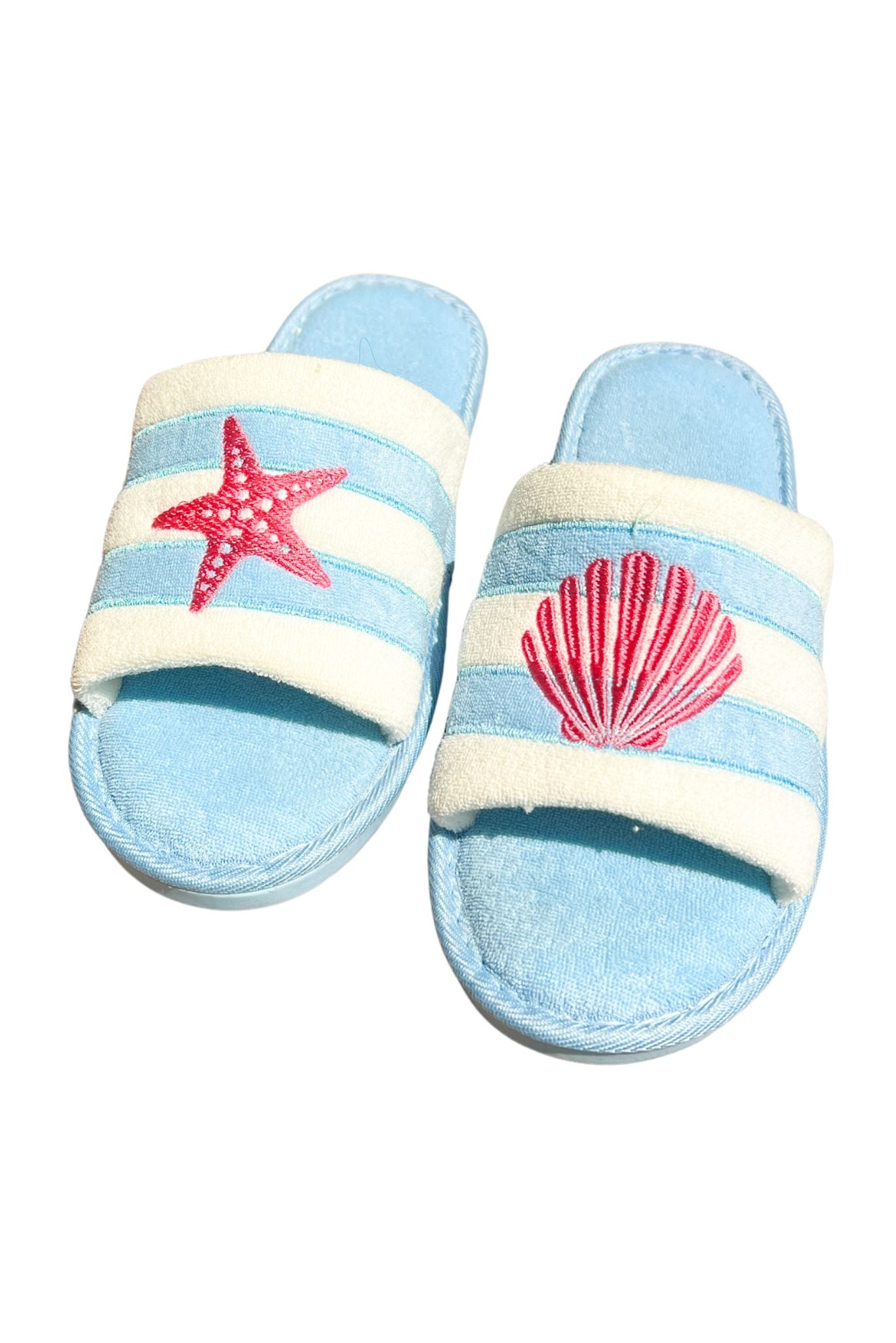 Blue Embroidered Seashell Slippers