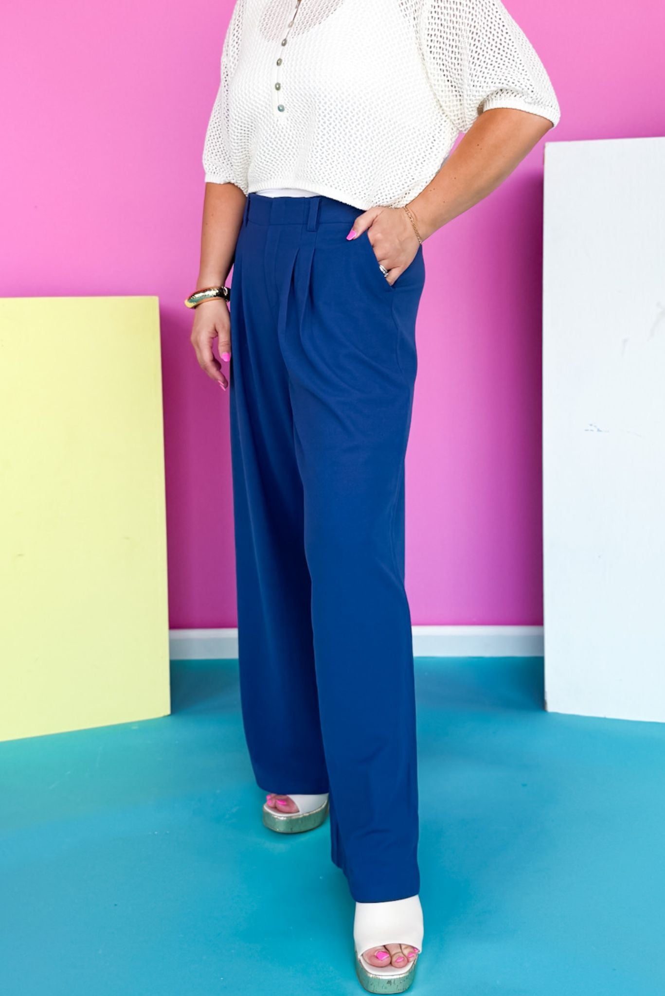 Indigo Waffle Knit High Waist Pleat Front Wide Leg Pants *FINAL SALE*