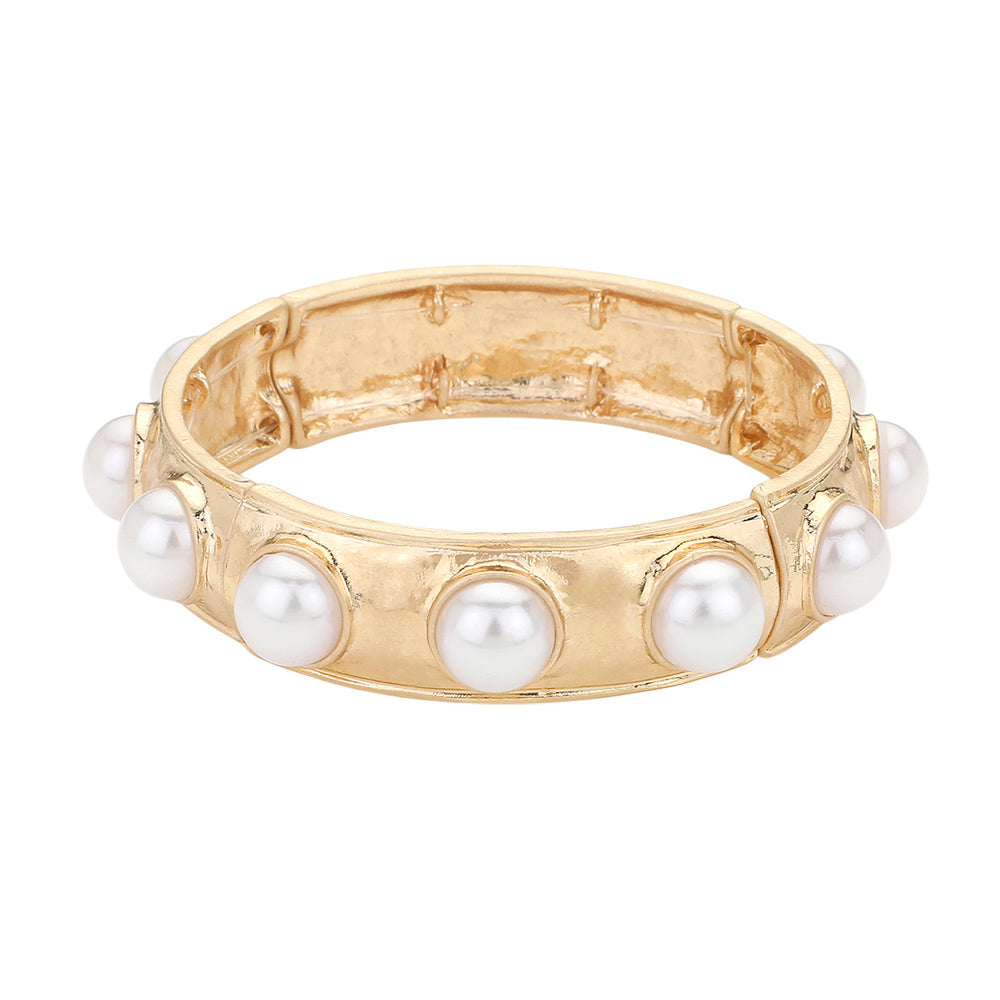 Pearl Bead Embellished Hammered Metal Stretch Bracelet