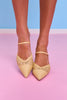 Beige Woven Raffia Pointed Mule Heels