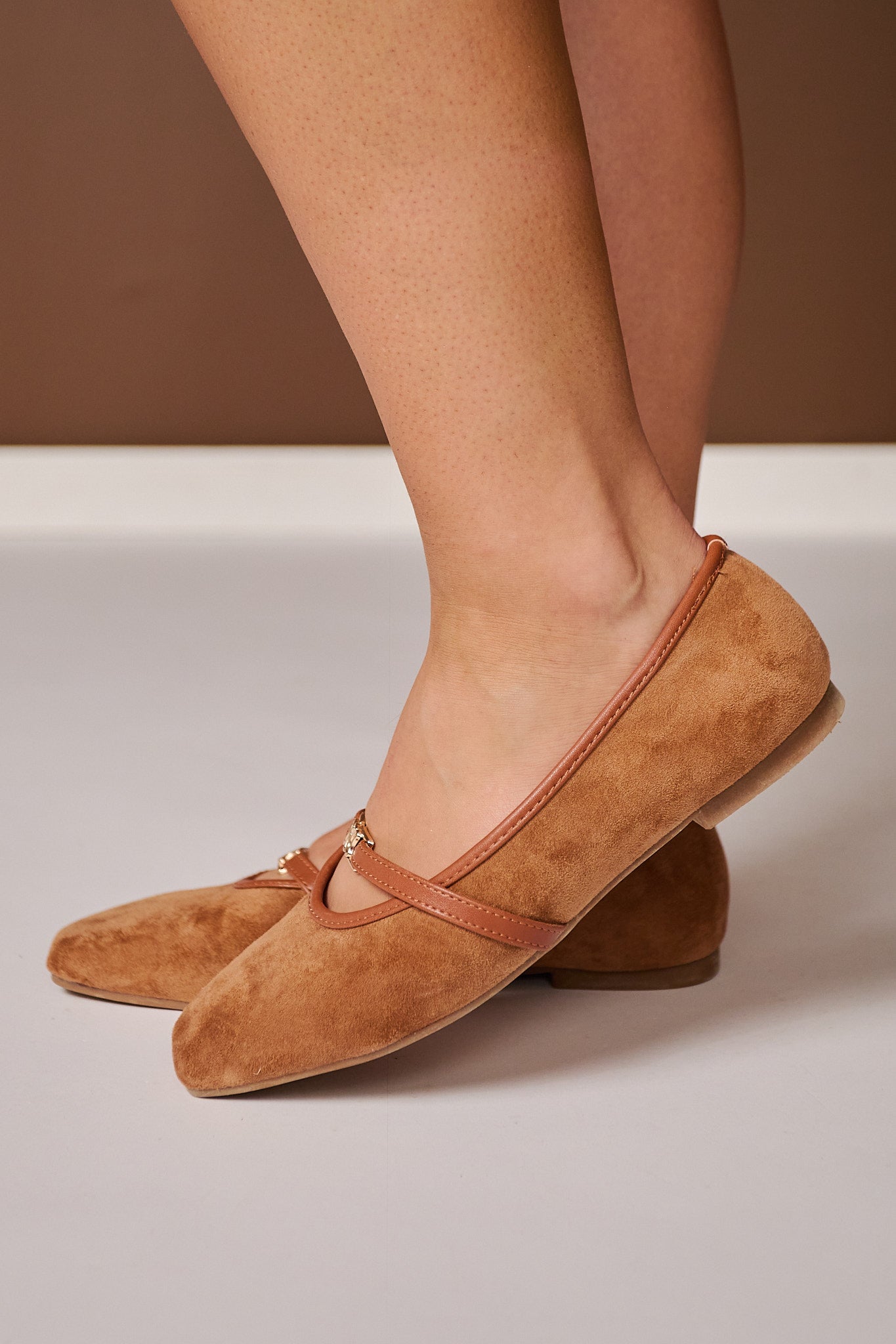 Camel Suede Square Toe Mary Jane Buckle Flats