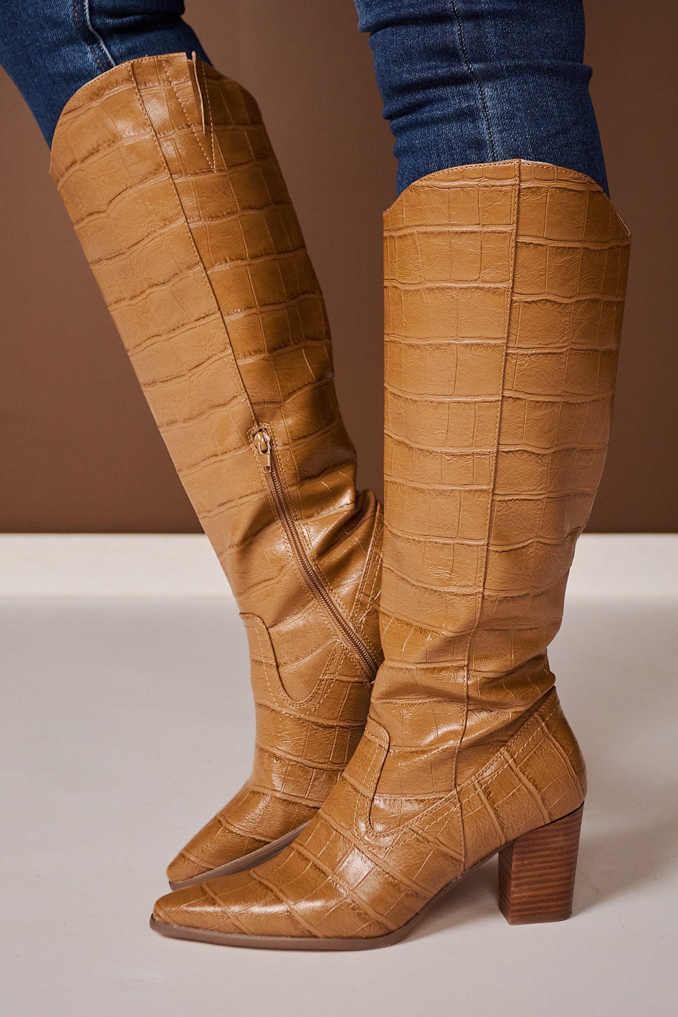 Matisse Tan Faux Croc Heeled Western Boots